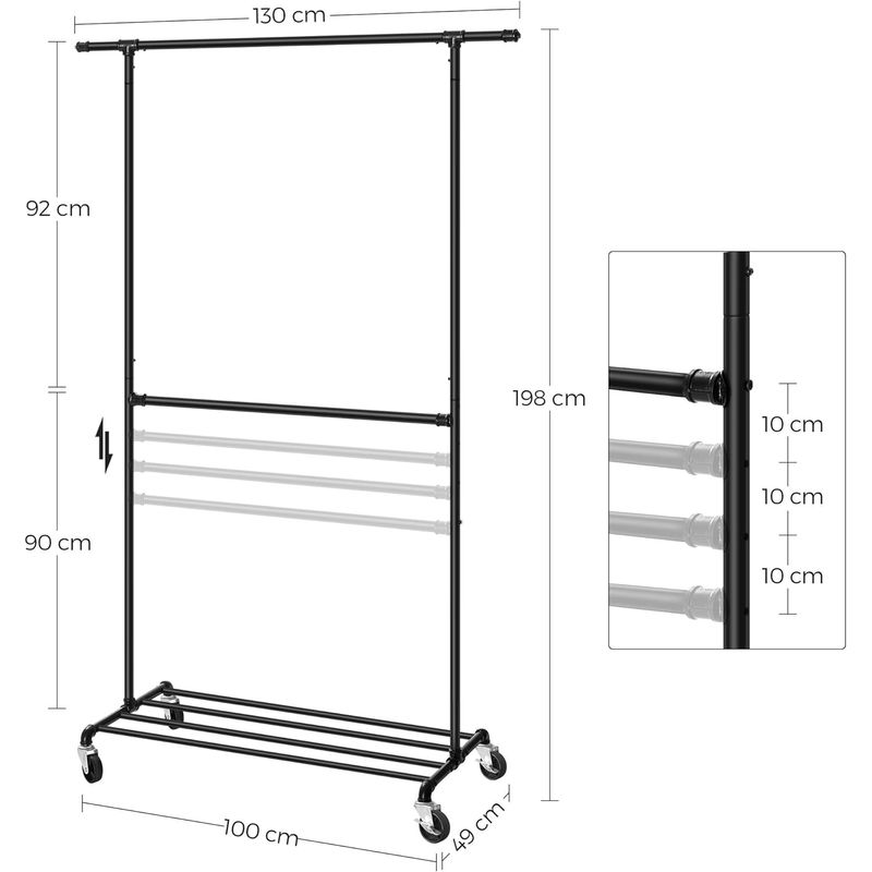 Casa si Gradina - Mobilier - Organizare si depozitare - Cuiere - Suport pentru haine, cu raft si 2 sine de agatat, cadru metalic, cu roti, 130x49x198cm, industrial, negru - Infinity.ro