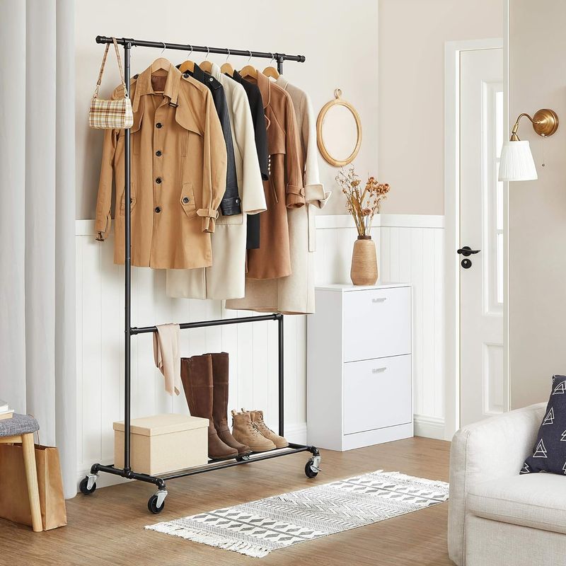 Casa si Gradina - Mobilier - Organizare si depozitare - Cuiere - Suport pentru haine, cu raft si 2 sine de agatat, cadru metalic, cu roti, 130x49x198cm, industrial, negru - Infinity.ro