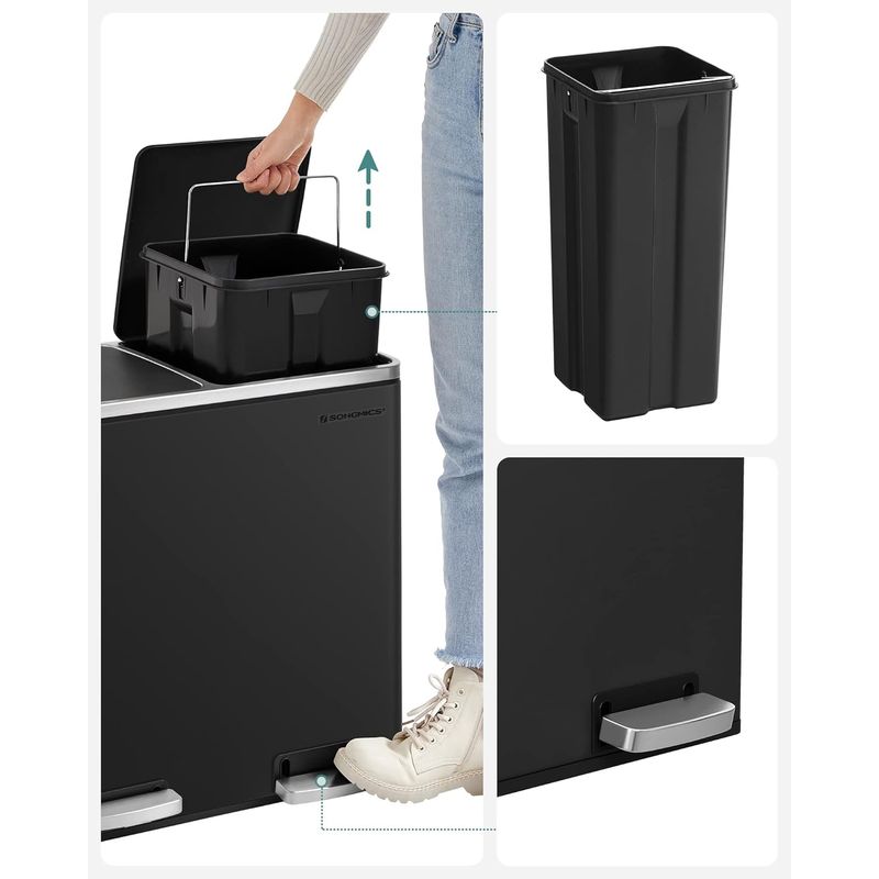 Casa si Gradina - Mobilier - Organizare si depozitare - Cosuri de gunoi - Cos de gunoi din inox cu 2 compartimente colectare selectiva, cu galeti interioare, 2x24 litri, negru - Infinity.ro