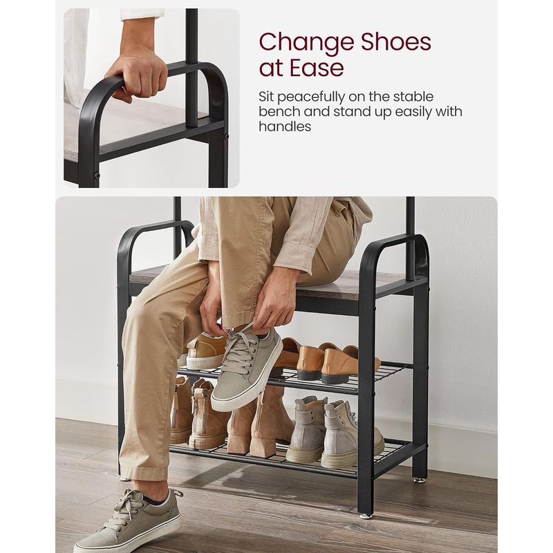 Casa si Gradina - Mobilier - Organizare si depozitare - Cuiere - Cuier pentru haine cu banca de depozitare pantofi, cu 9 carlige si sina pentru haine, 34x72x183 cm, gri si negru - Infinity.ro