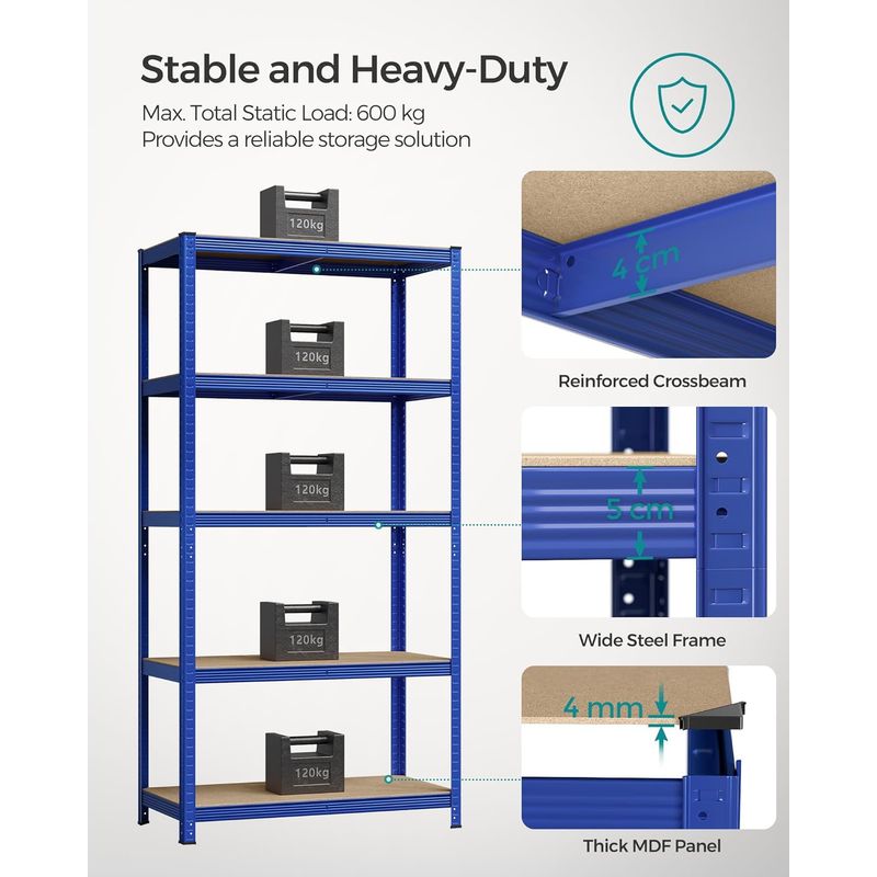 Casa si Gradina - Mobilier - Biblioteci si rafturi - Rafturi - Raft de depozitare metalic, cu rafturi din PAL, 5 polite, max. 600 kg, 200x100x50cm, albastru - Infinity.ro