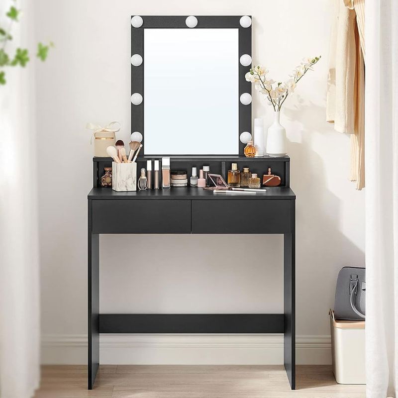 Casa si Gradina - Mobilier - Comode si corpuri - Masute de toaleta - Masa de toaleta cu iluminare LED, cu oglinda, luminozitate reglabila, cu 2 sertare, 80x40x145cm, negru - Infinity.ro