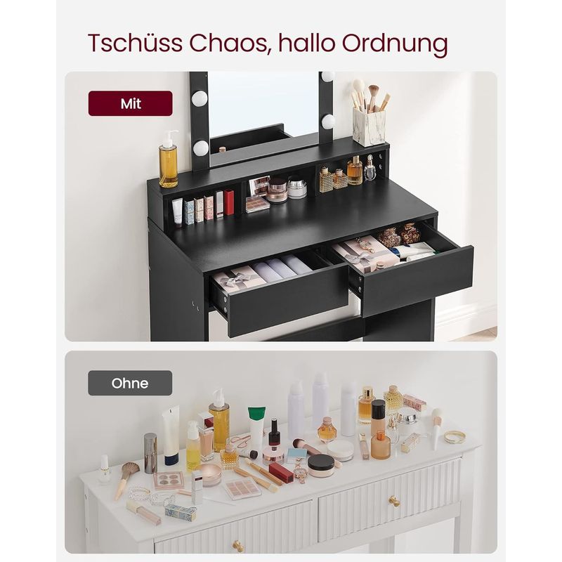 Casa si Gradina - Mobilier - Comode si corpuri - Masute de toaleta - Masa de toaleta cu iluminare LED, cu oglinda, luminozitate reglabila, cu 2 sertare, 80x40x145cm, negru - Infinity.ro