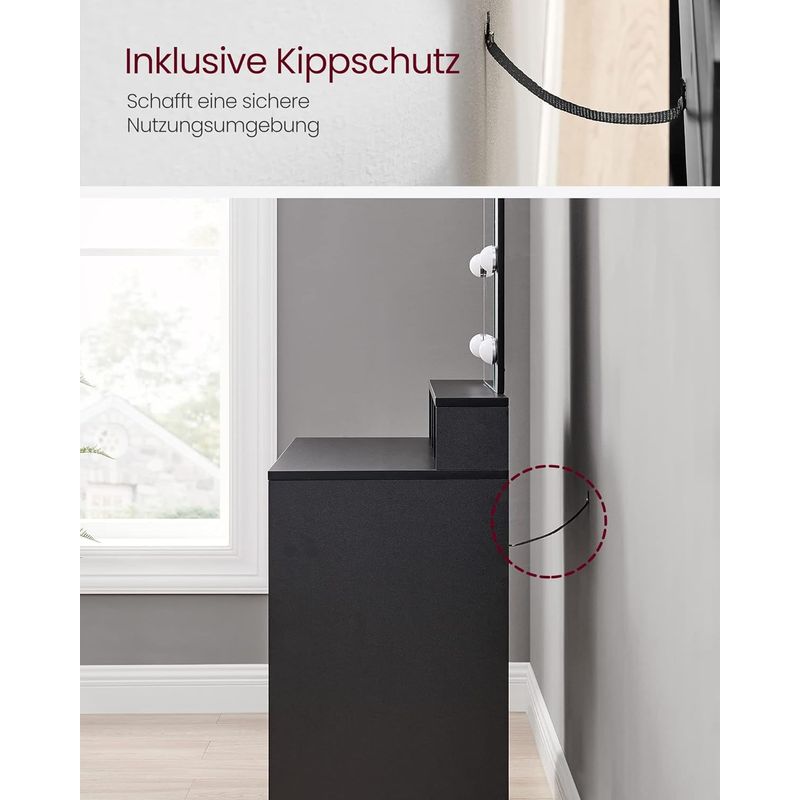 Casa si Gradina - Mobilier - Comode si corpuri - Masute de toaleta - Masa de toaleta cu iluminare LED, cu oglinda, luminozitate reglabila, cu 2 sertare, 80x40x145cm, negru - Infinity.ro