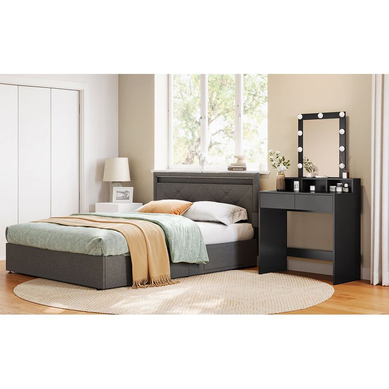 Casa si Gradina - Mobilier - Comode si corpuri - Masute de toaleta - Masa de toaleta cu iluminare LED, cu oglinda, luminozitate reglabila, cu 2 sertare, 80x40x145cm, negru - Infinity.ro