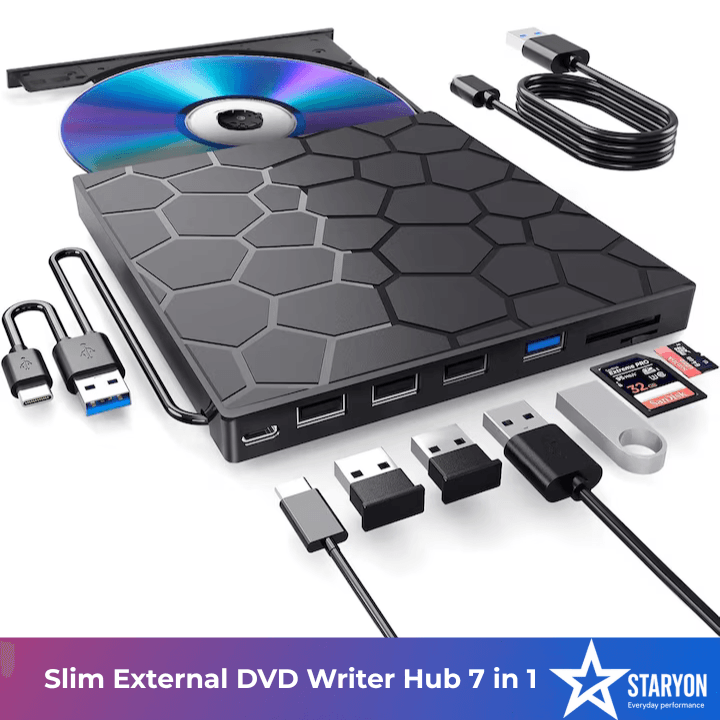 DVD Writer Extern Portabil Slim Staryon®, USB 3.0, 3x USB-A 2.C340, 1x USB-C 3.0, Cititor De Carduri, Negru