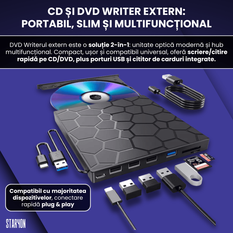 PC, gaming si accesorii - Periferice PC - Unitati optice externe - DVD Writer Extern Portabil Slim Staryon®, USB 3.0, 3x USB-A 2.C340, 1x USB-C 3.0, Cititor De Carduri, Negru - Infinity.ro