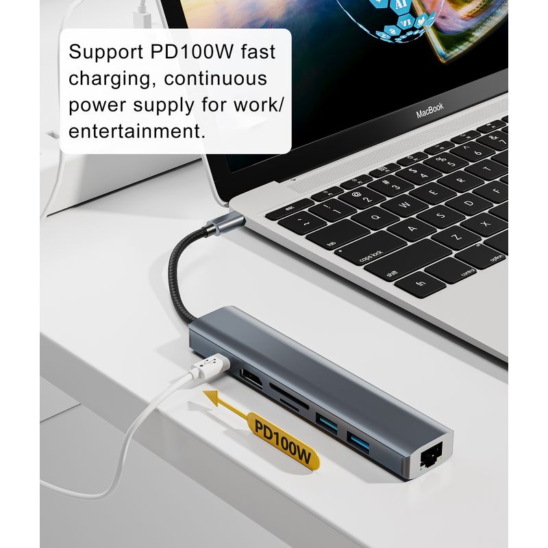 PC, gaming si accesorii - Retelistica - Hub-uri - Hub Adaptor Multiport 7 in 1 USB-C 3.1 Staryon® la HDMI 4K / LAN Ethernet (1000 MB/S) / TF si SD Card Reader, Gri - Infinity.ro