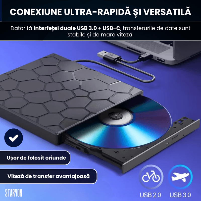 PC, gaming si accesorii - Periferice PC - Unitati optice externe - DVD Writer Extern Portabil Slim Staryon®, USB 3.0, 3x USB-A 2.C340, 1x USB-C 3.0, Cititor De Carduri, Negru - Infinity.ro