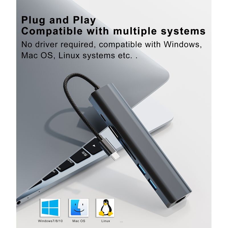 PC, gaming si accesorii - Retelistica - Hub-uri - Hub Adaptor Multiport 7 in 1 USB-C 3.1 Staryon® la HDMI 4K / LAN Ethernet (1000 MB/S) / TF si SD Card Reader, Gri - Infinity.ro