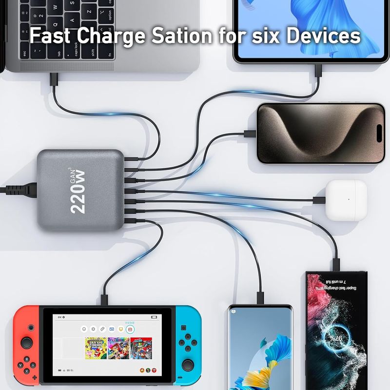 Laptop, Telefoane si Tablete - Telefoane mobile si accesorii - Accesorii Telefoane - Incarcatoare telefoane - Statie de Incarcare USB 220W GaN PRO 6 in 1, 4 USB-C & 2 USB-A, Staryon®, Negru - Infinity.ro