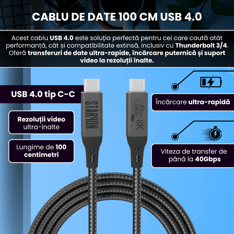 Laptop, Telefoane si Tablete - Telefoane mobile si accesorii - Accesorii Telefoane - Cabluri si adaptoare telefoane - Cablu de date USB4 300 cm, USB-C la USB-C, transfer date 40Gbps, incarcare rapida 240W, suport video 8K@60Hz - Infinity.ro