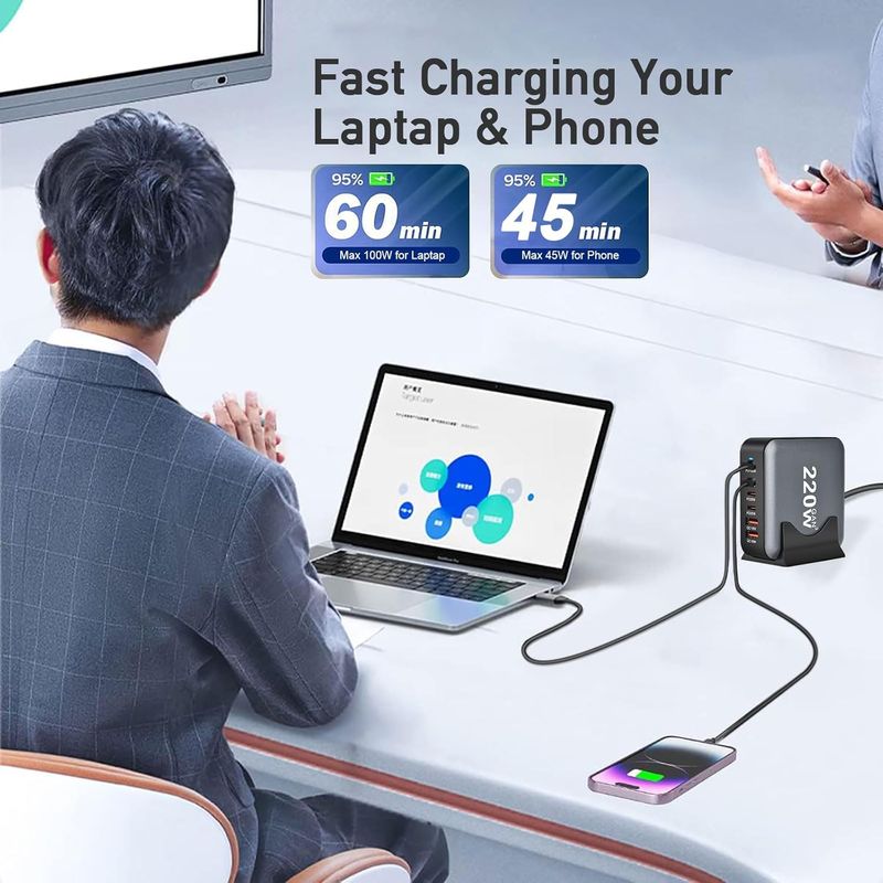 Laptop, Telefoane si Tablete - Telefoane mobile si accesorii - Accesorii Telefoane - Incarcatoare telefoane - Statie de Incarcare USB 220W GaN PRO 6 in 1, 4 USB-C & 2 USB-A, Staryon®, Negru - Infinity.ro