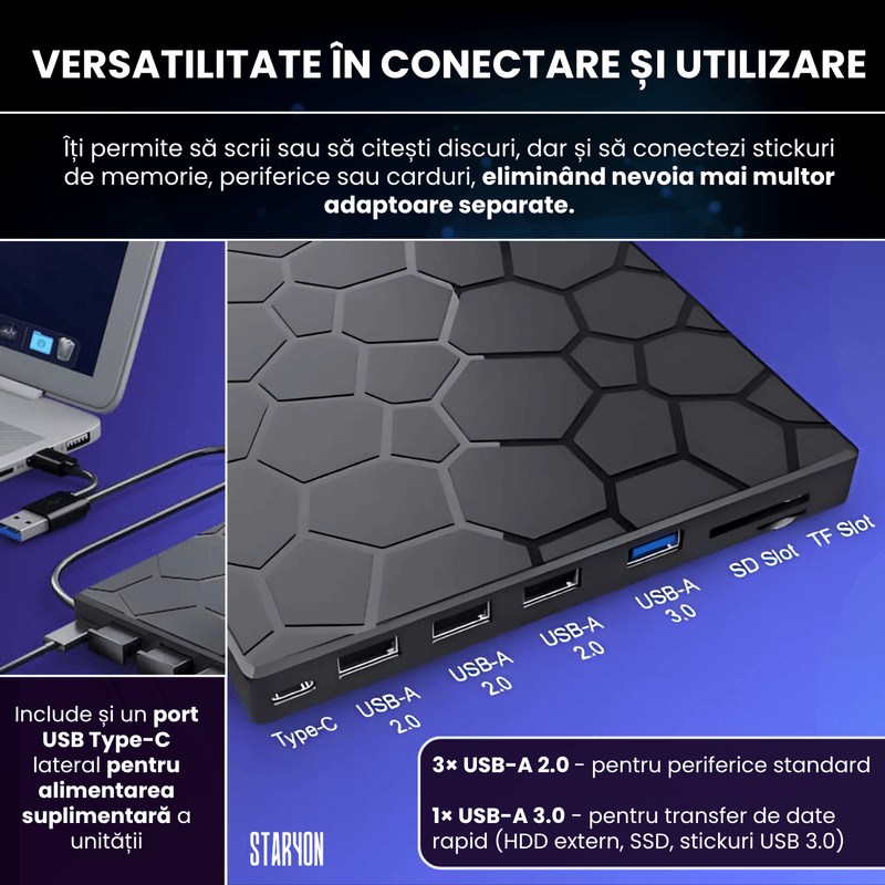 PC, gaming si accesorii - Periferice PC - Unitati optice externe - DVD Writer Extern Portabil Slim Staryon®, USB 3.0, 3x USB-A 2.C340, 1x USB-C 3.0, Cititor De Carduri, Negru - Infinity.ro
