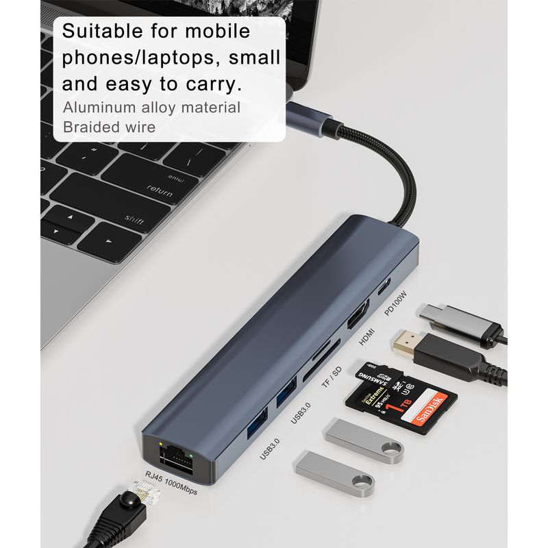 PC, gaming si accesorii - Retelistica - Hub-uri - Hub Adaptor Multiport 7 in 1 USB-C 3.1 Staryon® la HDMI 4K / LAN Ethernet (1000 MB/S) / TF si SD Card Reader, Gri - Infinity.ro
