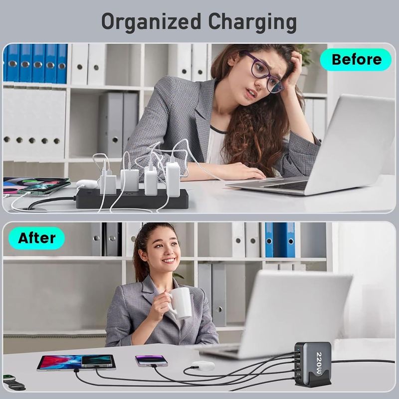 Laptop, Telefoane si Tablete - Telefoane mobile si accesorii - Accesorii Telefoane - Incarcatoare telefoane - Statie de Incarcare USB 220W GaN PRO 6 in 1, 4 USB-C & 2 USB-A, Staryon®, Negru - Infinity.ro