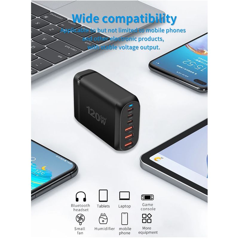 Laptop, Telefoane si Tablete - Telefoane mobile si accesorii - Accesorii Telefoane - Incarcatoare telefoane - Statie de Incarcare USB 120W GaN PRO 6 in 1, 3 USB-C & 3 USB-A, Staryon®, Negru - Infinity.ro