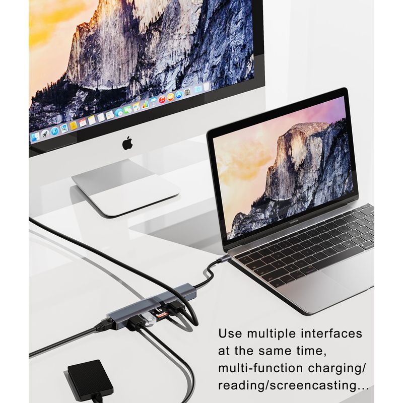 PC, gaming si accesorii - Retelistica - Hub-uri - Hub Adaptor Multiport 7 in 1 USB-C 3.1 Staryon® la HDMI 4K / LAN Ethernet (1000 MB/S) / TF si SD Card Reader, Gri - Infinity.ro