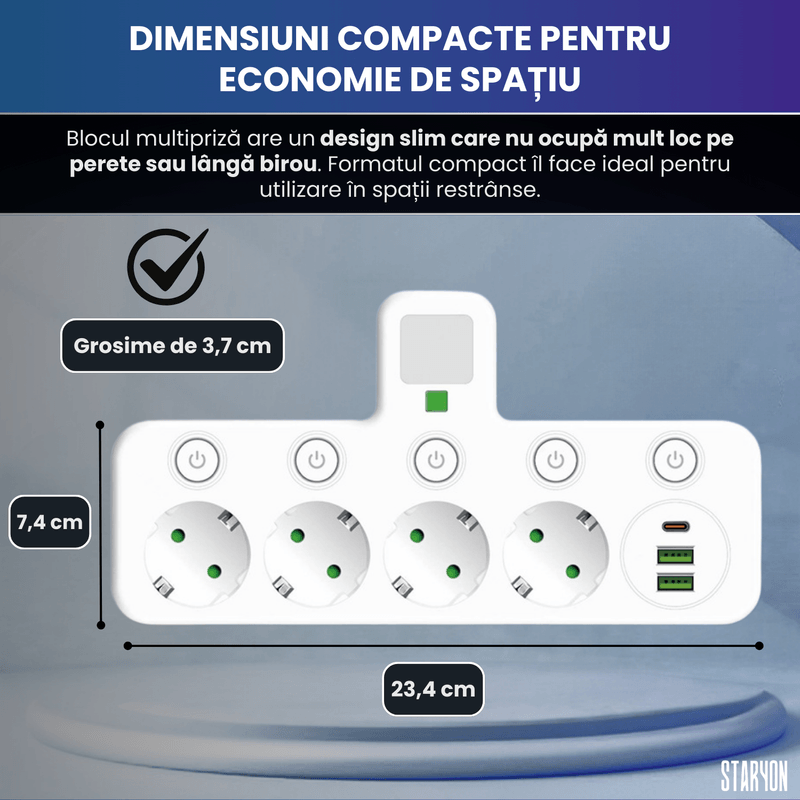 Casa si Gradina - Electrice - Accesorii electrice - Prelungitoare, triple, fise - Bloc Multipriza / Priza Multipla 2500W, 4 Prize Schuko + 2 USB-A + 1 USB-C, Alb - Infinity.ro