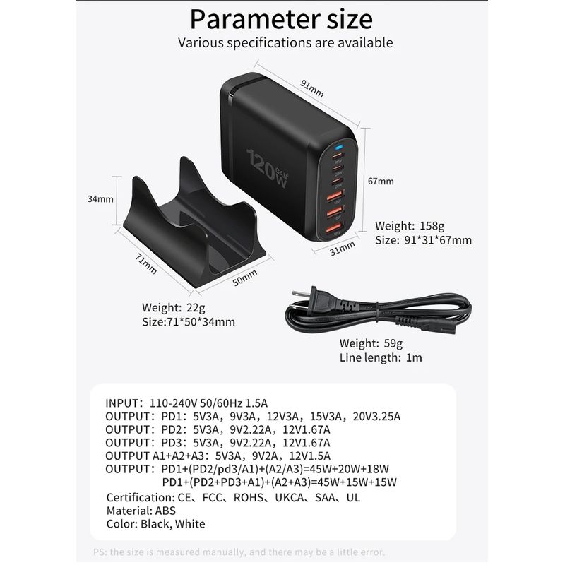 Laptop, Telefoane si Tablete - Telefoane mobile si accesorii - Accesorii Telefoane - Incarcatoare telefoane - Statie de Incarcare USB 120W GaN PRO 6 in 1, 3 USB-C & 3 USB-A, Staryon®, Negru - Infinity.ro