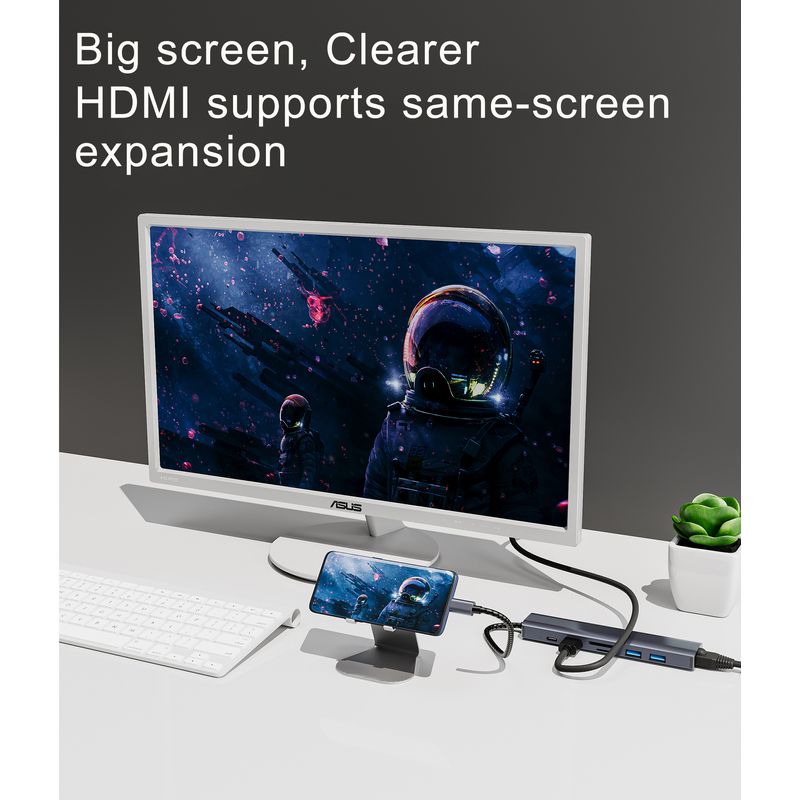 PC, gaming si accesorii - Retelistica - Hub-uri - Hub Adaptor Multiport 7 in 1 USB-C 3.1 Staryon® la HDMI 4K / LAN Ethernet (1000 MB/S) / TF si SD Card Reader, Gri - Infinity.ro