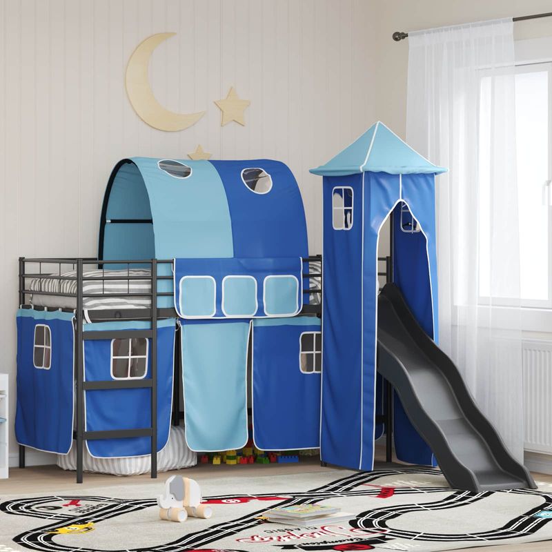 Casa si Gradina - Mobilier - Paturi si accesorii - Paturi - Cadru de pat inalt pentru copii cu perdele, arc, tobogan, turn - Infinity.ro