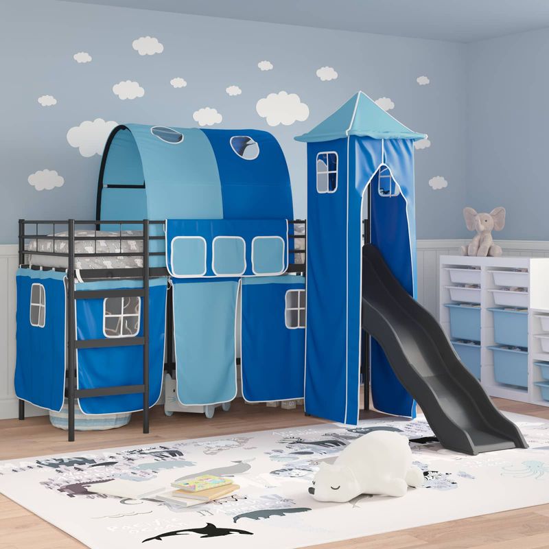Casa si Gradina - Mobilier - Paturi si accesorii - Paturi - Cadru de pat inalt pentru copii cu perdele, arc, tobogan, turn - Infinity.ro
