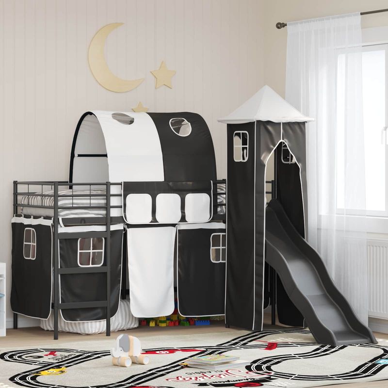 Casa si Gradina - Mobilier - Paturi si accesorii - Paturi - Cadru de pat inalt pentru copii cu perdele, arc, tobogan, turn - Infinity.ro