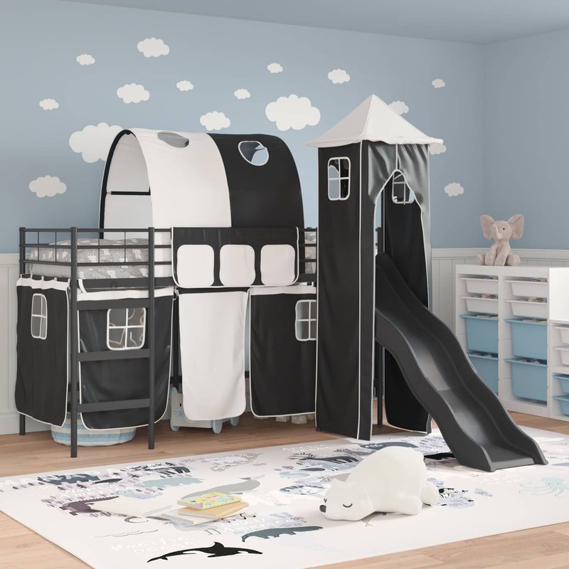 Casa si Gradina - Mobilier - Paturi si accesorii - Paturi - Cadru de pat inalt pentru copii cu perdele, arc, tobogan, turn - Infinity.ro