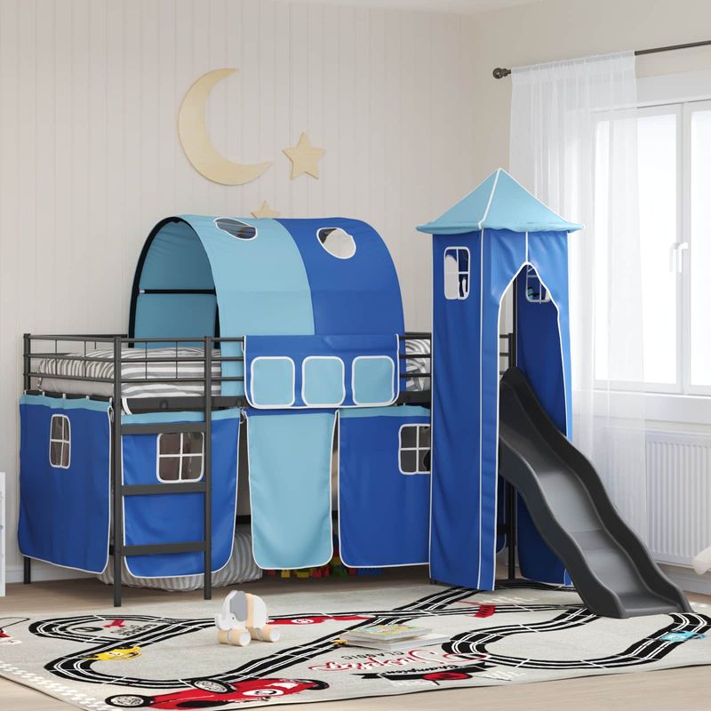 Casa si Gradina - Mobilier - Paturi si accesorii - Paturi - Cadru de pat inalt pentru copii cu perdele, arc, tobogan, turn - Infinity.ro