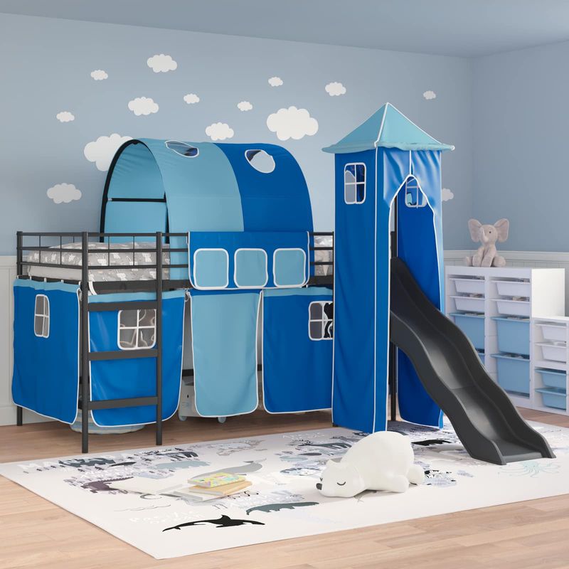 Casa si Gradina - Mobilier - Paturi si accesorii - Paturi - Cadru de pat inalt pentru copii cu perdele, arc, tobogan, turn - Infinity.ro