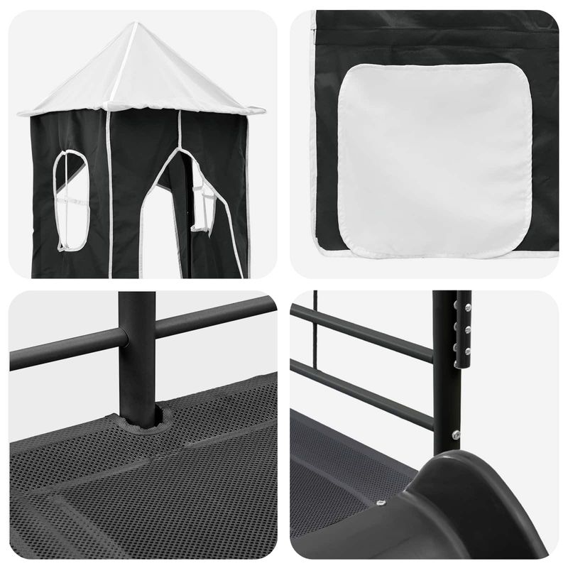 Casa si Gradina - Mobilier - Paturi si accesorii - Paturi - Cadru de pat inalt pentru copii cu perdele, arc, tobogan, turn - Infinity.ro