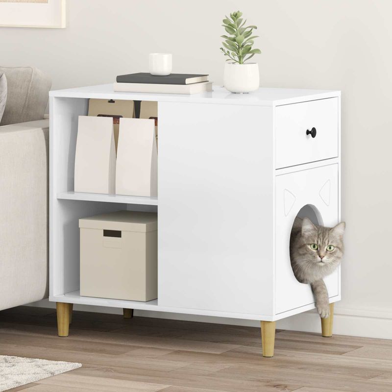 Petshop - Accesorii petshop - Culcusuri si custi - Custi interior si exterior - Casa pentru pisici Alb Lucios 72 x 42.5 x 70 cm Lemn compozit - Infinity.ro