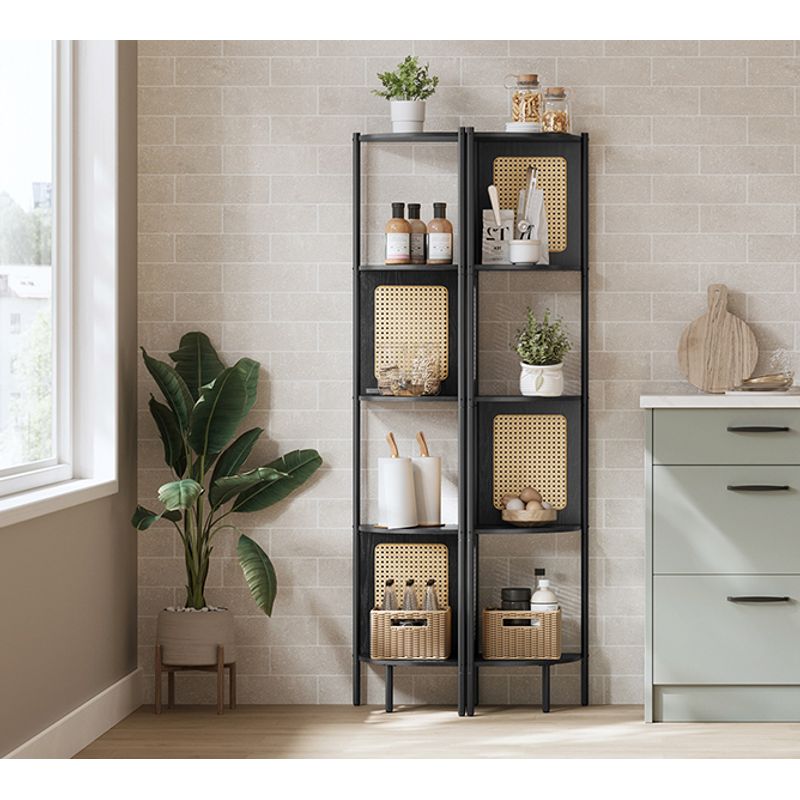 Casa si Gradina - Mobilier - Biblioteci si rafturi - Biblioteci - Raft de colt boho, cadru metalic, polite MDF si panouri poliratan, 32x32x156cm, negru - Infinity.ro