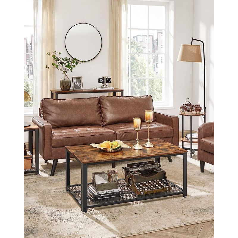 Casa si Gradina - Mobilier - Mese si birouri - Masute de cafea - Masuta de cafea, cu cadru metalic, raft de depozitare, pentru living, 45x106x60cm, stil industrial, maro rustic - Infinity.ro