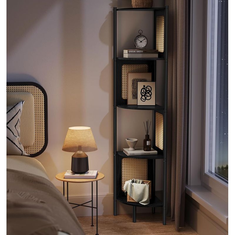 Casa si Gradina - Mobilier - Biblioteci si rafturi - Biblioteci - Raft de colt boho, cadru metalic, polite MDF si panouri poliratan, 32x32x156cm, negru - Infinity.ro