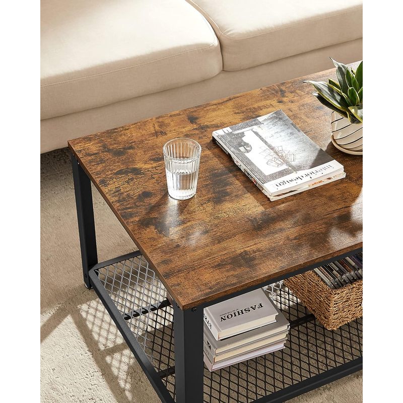 Casa si Gradina - Mobilier - Mese si birouri - Masute de cafea - Masuta de cafea, cu cadru metalic, raft de depozitare, pentru living, 45x106x60cm, stil industrial, maro rustic - Infinity.ro