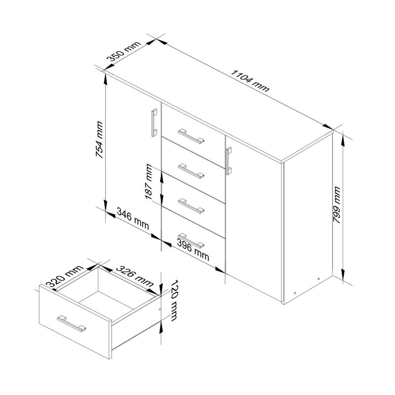 Casa si Gradina - Mobilier - Comode si corpuri - Comode - Comoda cu 4 sertare si 2 usi, PAL laminat, 110x35x80 cm, alb mat - Infinity.ro
