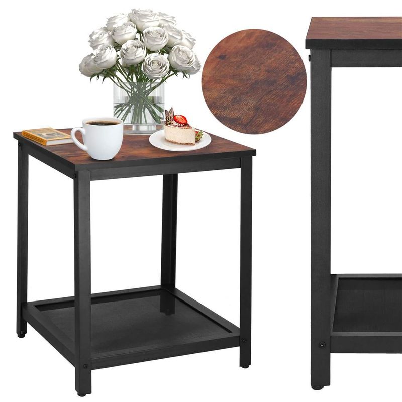 Casa si Gradina - Mobilier - Comode si corpuri - Noptiere - Masa de cafea patrata, noptiera cu cadru otel si polita de depozitare, 45x45x55 cm, maro rustic - Infinity.ro
