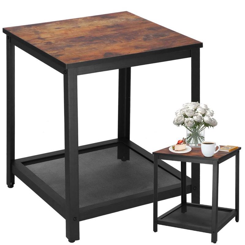 Casa si Gradina - Mobilier - Comode si corpuri - Noptiere - Masa de cafea patrata, noptiera cu cadru otel si polita de depozitare, 45x45x55 cm, maro rustic - Infinity.ro