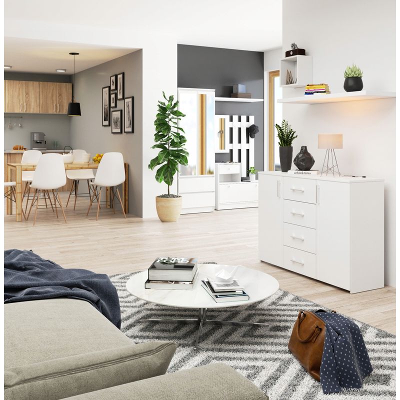 Casa si Gradina - Mobilier - Comode si corpuri - Comode - Comoda cu 4 sertare si 2 usi, PAL laminat, 110x35x80 cm, alb mat - Infinity.ro