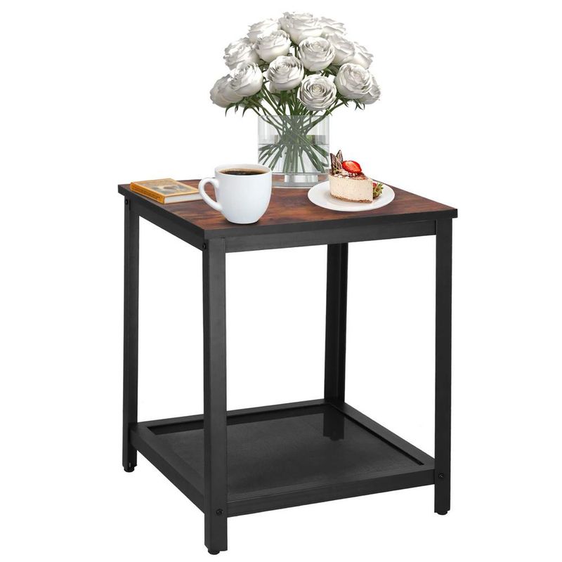 Casa si Gradina - Mobilier - Comode si corpuri - Noptiere - Masa de cafea patrata, noptiera cu cadru otel si polita de depozitare, 45x45x55 cm, maro rustic - Infinity.ro