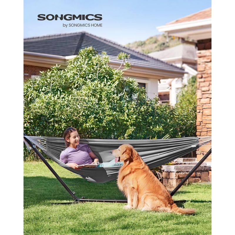 Casa si Gradina - Gradina si terasa - Balansoare si hamace - Balansoare - Hamac cu cadru metalic, reglabil la 5 inaltimi, maxim 240 kg, 300x90x95cm, gri - Infinity.ro