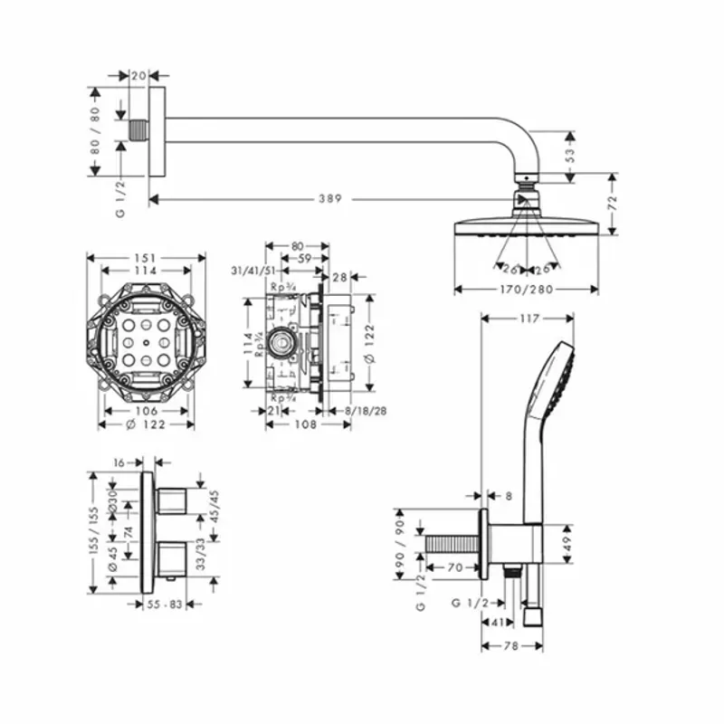 Casa si Gradina - Sanitare - Cazi si cabine de dus - Coloane si seturi de dus - Sistem de dus incastrat Hansgrohe Croma E 280 Ecostat E crom lucios - Infinity.ro