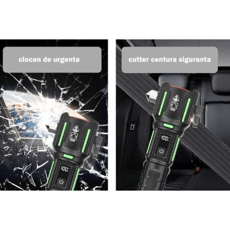 Casa si Gradina - Corpuri si surse de iluminat - Iluminat exterior - Lanterne - Lanterna aluminiu RTY 827 cu LED 30W incarcare USB acumulator 18650 lampa COB Ciocan de Urgenta si Cutter - Infinity.ro