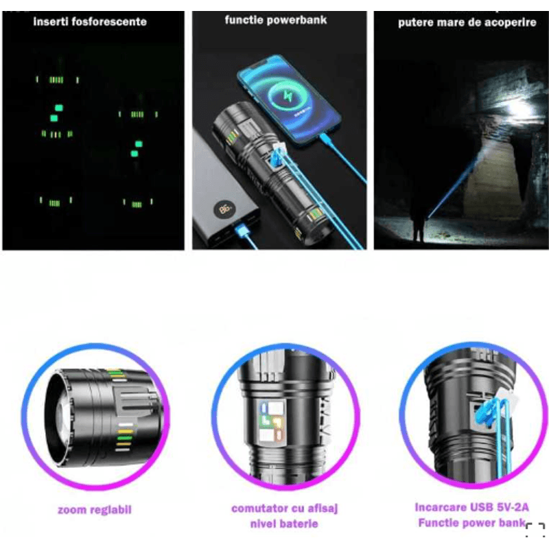 Casa si Gradina - Corpuri si surse de iluminat - Iluminat exterior - Lanterne - Lanterna profesionala BL G601 putere 300W fiabilitate 4 acumulatori 18650 Incarcare USB 5km - Infinity.ro