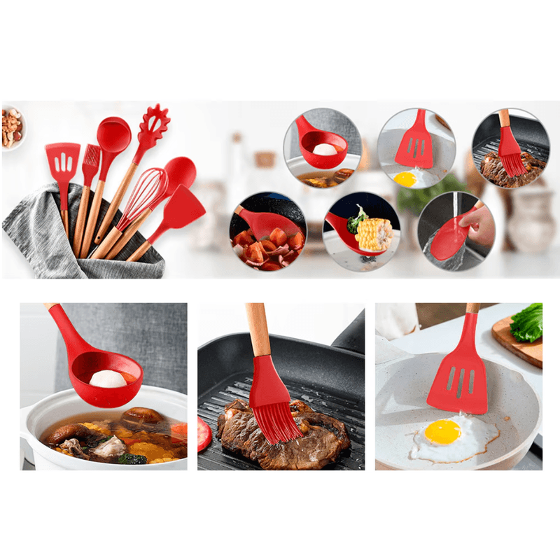 Casa si Gradina - Bucatarie si vesela - Ustensile bucatarie - Seturi ustensile de bucatarie - Set 12 ustensile de bucatarie Lemn/Silicon Rosu - Infinity.ro