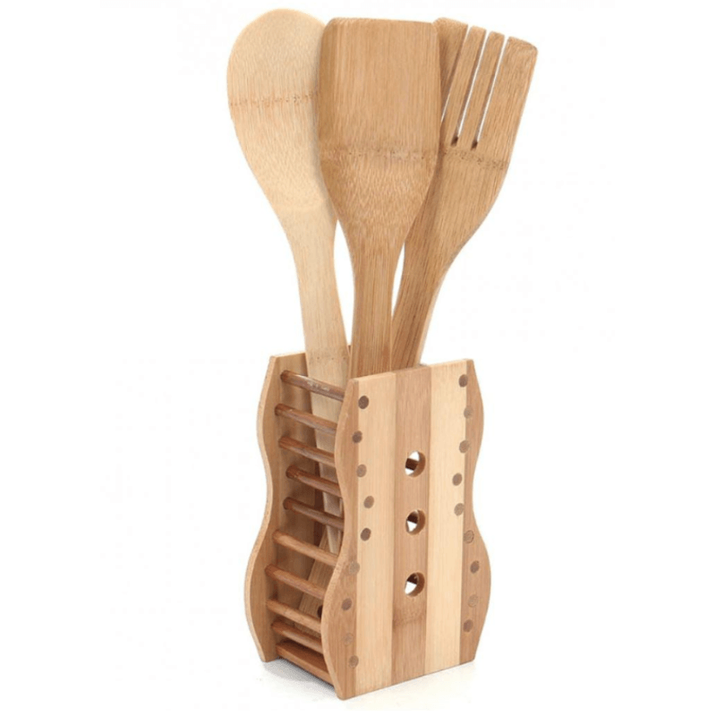 Casa si Gradina - Bucatarie si vesela - Ustensile bucatarie - Seturi ustensile de bucatarie - Set 3 ustensile bambus cu suport decor - Infinity.ro