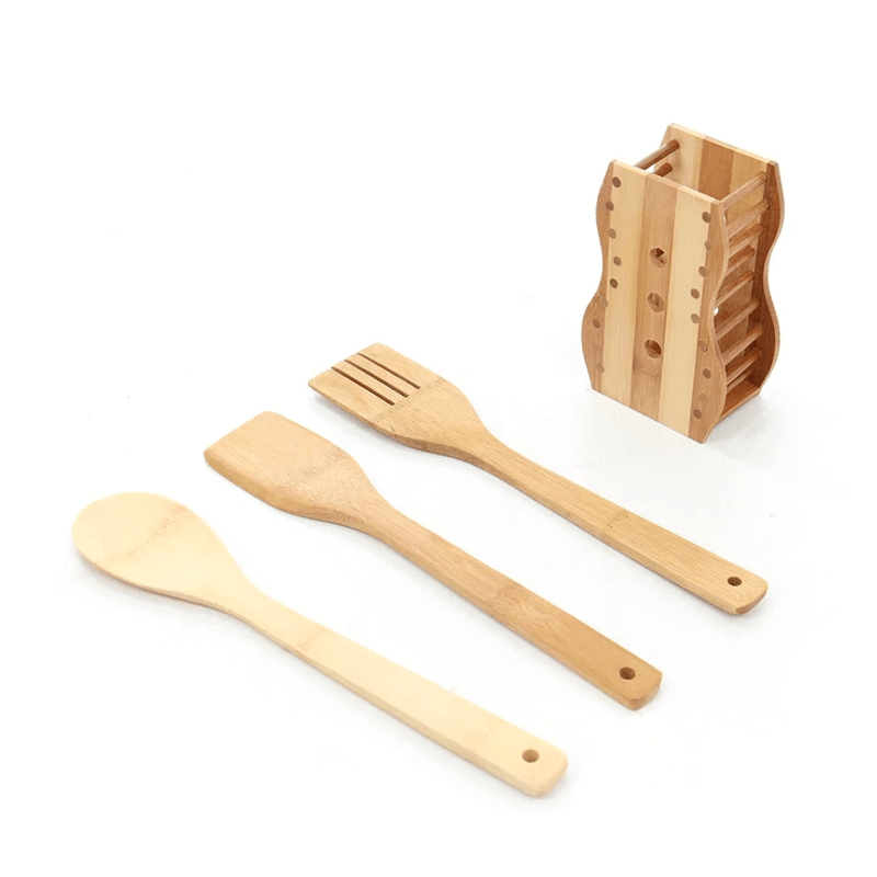 Casa si Gradina - Bucatarie si vesela - Ustensile bucatarie - Seturi ustensile de bucatarie - Set 3 ustensile bambus cu suport decor - Infinity.ro