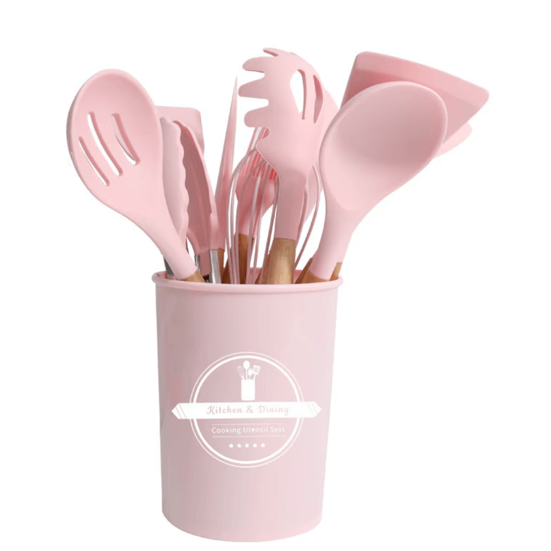 Casa si Gradina - Bucatarie si vesela - Ustensile bucatarie - Seturi ustensile de bucatarie - Set 12 ustensile de bucatarie Lemn/Silicon Roz - Infinity.ro